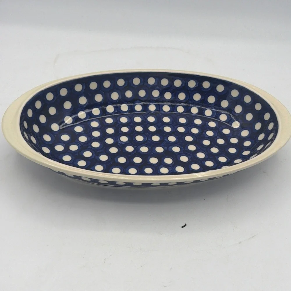 Boleslawiec Polish Pottery Oval Baking Dish Serving Platter Blue White Polka Dot